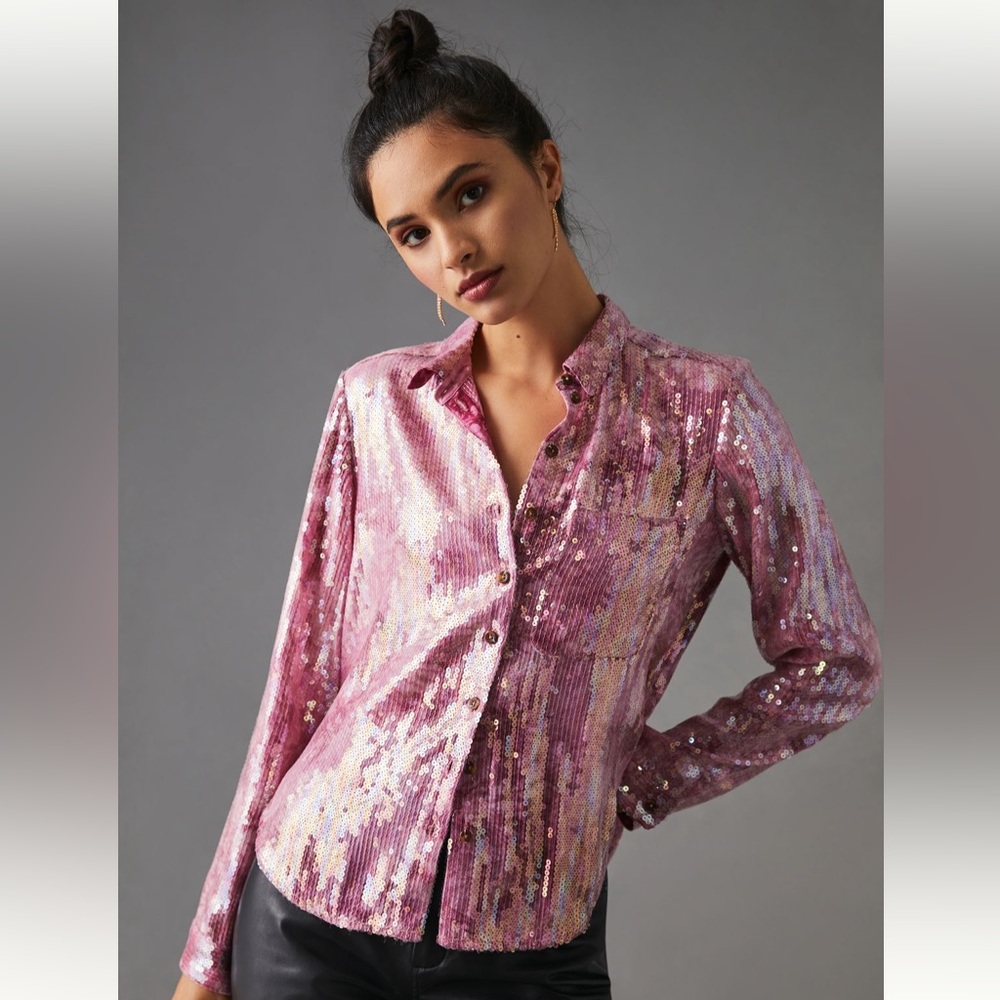 Anthropologie sequin pink shirt size Small Petite